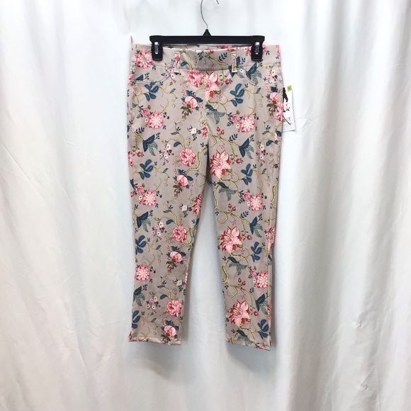 MIXIT Womens Tan Floral Slit Leg Stretch Crop Pants Jeggings Size Medium - Picture 5 of 11